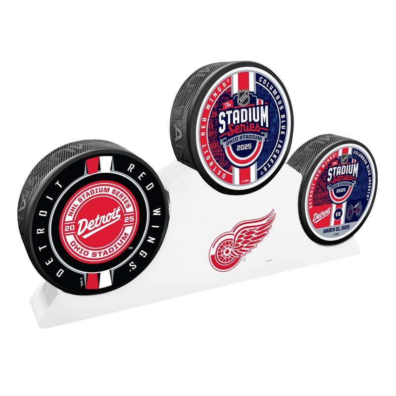 2025 Stadium Series – Detroit Red Wings 3 Puck Wooden Podium