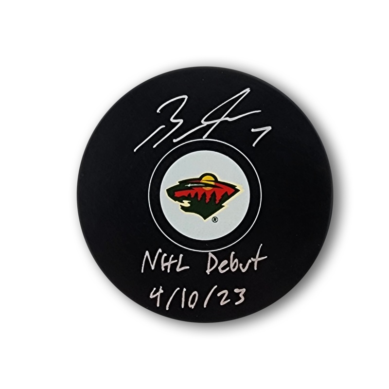 Brock Faber Autographed Minnesota Wild Hockey Puck Inscribed NHL Debut