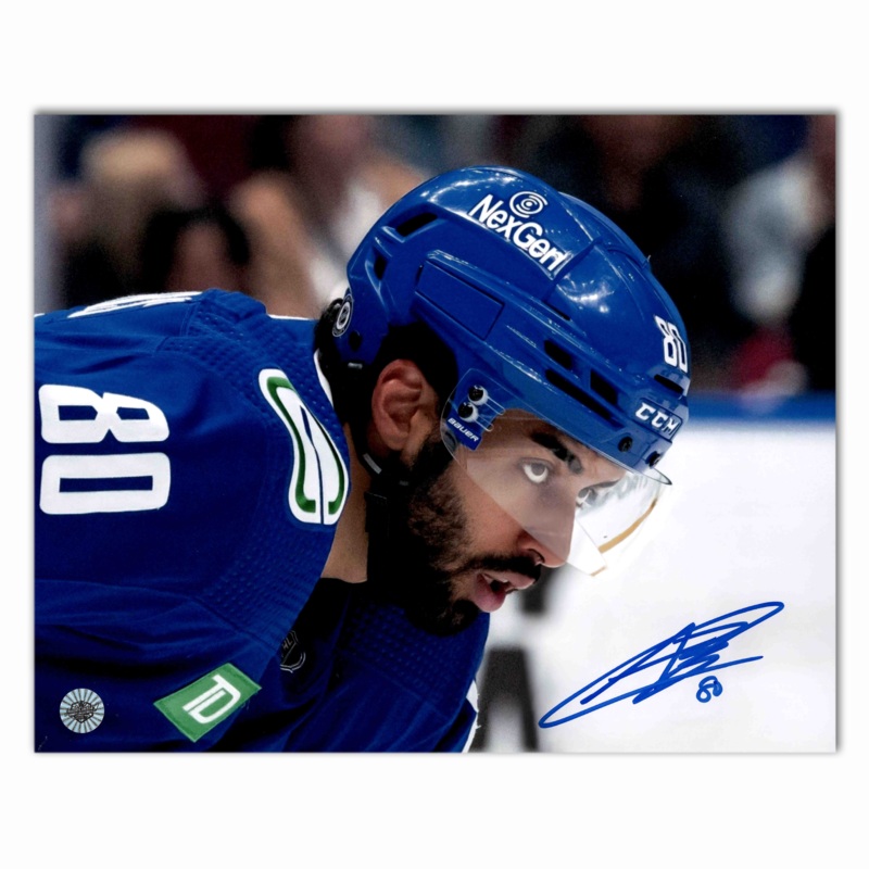 Arshdeep Bains Autographed Vancouver Canucks Home 8×10 Horizontal Photo (Close Up)