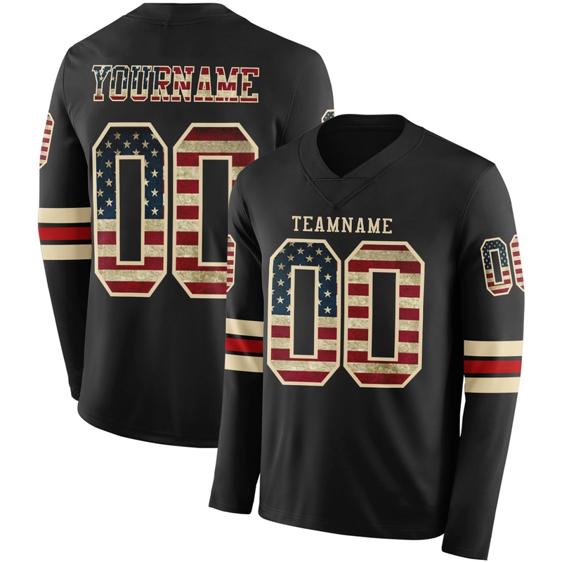 Custom Black Vintage USA Flag Cream-Red Long Sleeve Authentic Football Jersey
