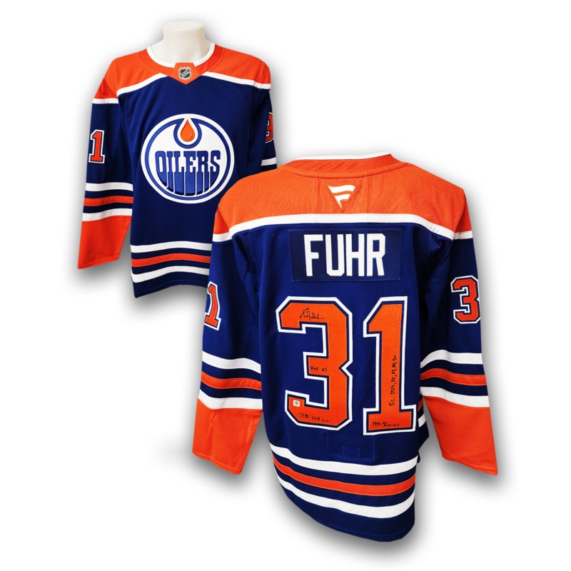 Grant Fuhr Autographed Edmonton Oilers Fanatics Premium Jersey Career Inscriptions