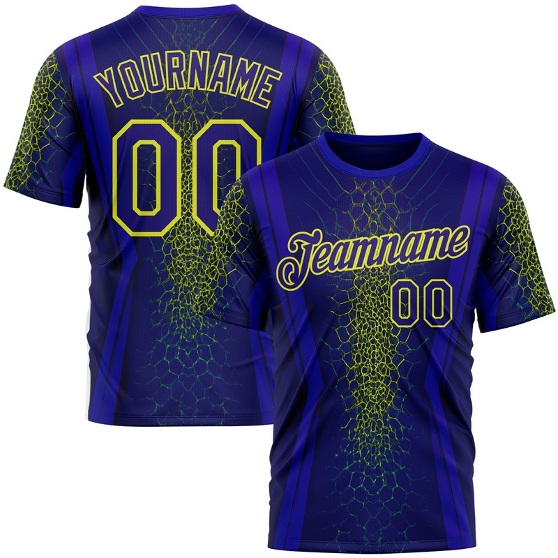 Custom Blue Dark Purple-Neon Yellow 3D Pattern Design Abstract Net Sportswear Performance T-Shirt