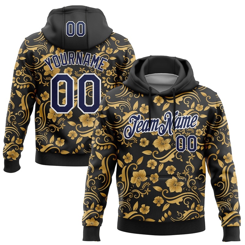 Custom Stitched Black Navy-White 3D Pattern Design Golden Subtle Floral Sports Pullover Sweatshirt Hoodie
