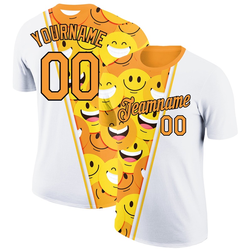 Custom White Bay Orange-Black 3D Pattern Design Smile Emoji Performance T-Shirt