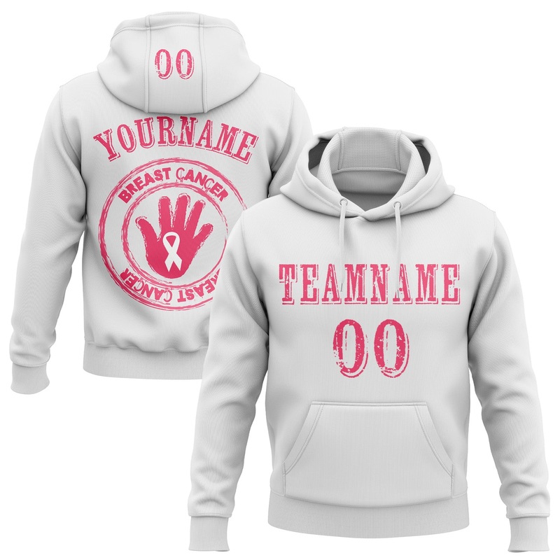 Custom White Neon Pink 3D Pink Ribbon Breast Cancer Awareness Women Health Care Support Sports Pullover Sweatshirt Hoodie