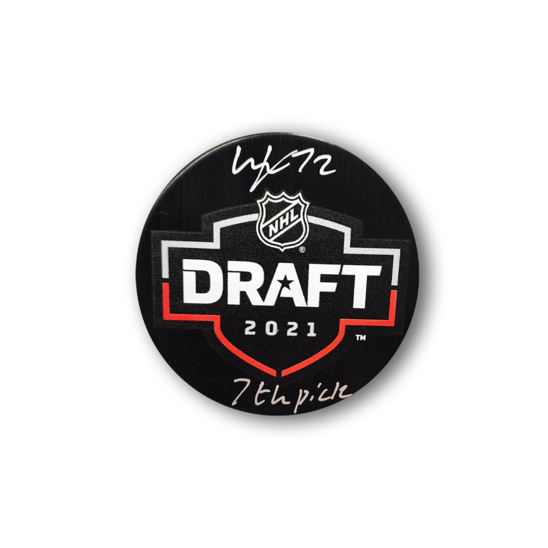 William Eklund Autographed 2021 NHL Draft Hockey Puck Inscribed 7th Pick