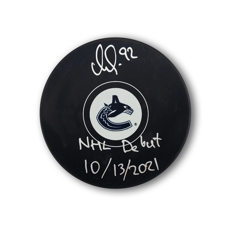 Vasily Podkolzin Autographed Vancouver Canucks Hockey Puck Inscribed NHL Debut