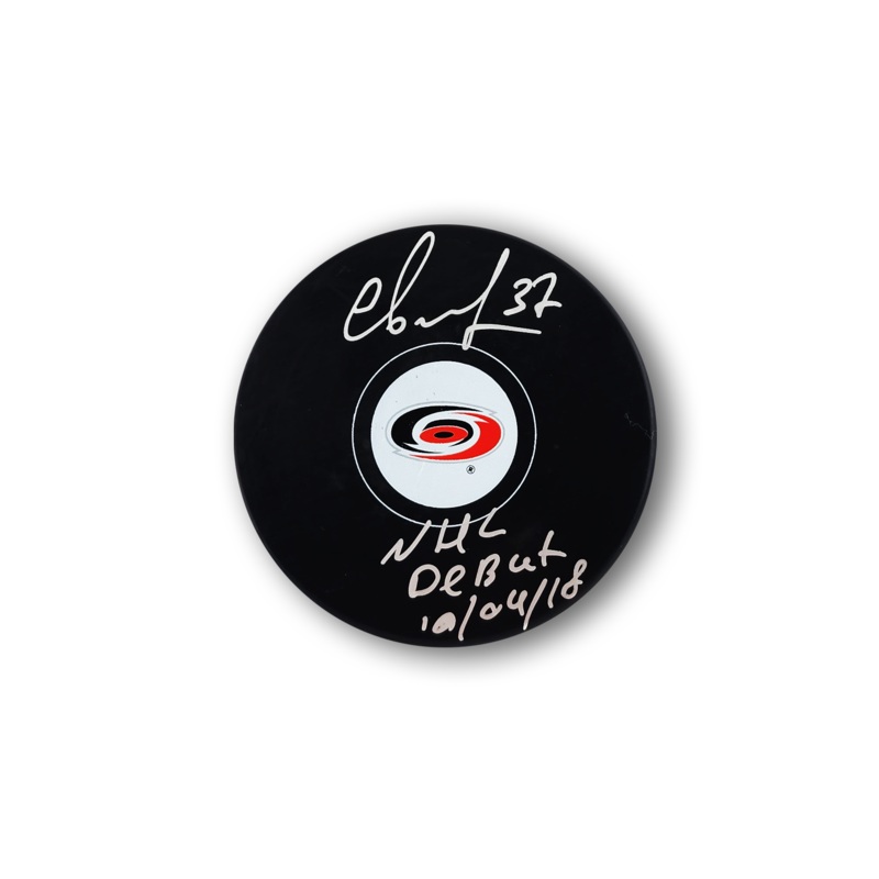 Andrei Svechnikov Autographed Carolina Hurricanes Hockey Puck Inscribed NHL Debut