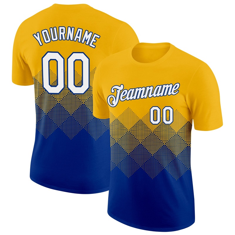 Custom Gold White-Royal 3D Pattern Design Gradient Square Shapes Performance T-Shirt