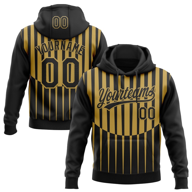 Custom Stitched Black Old Gold 3D Pattern Design Line Sportswear Pullover Sweatshirt Hoodie