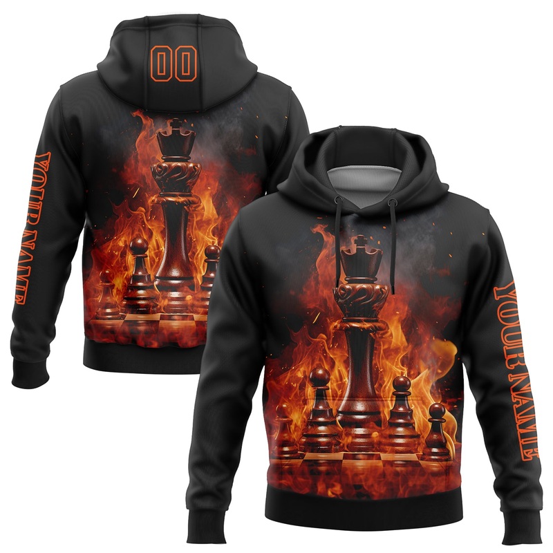 Custom Black Orange 3D Flame Chess International Chess Day Sports Pullover Sweatshirt Hoodie