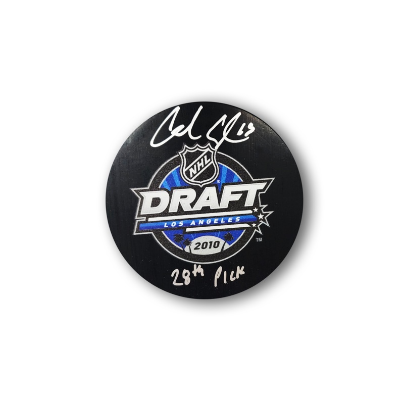 Charlie Coyle Autographed 2010 NHL Draft Hockey Puck Inscribed 28th