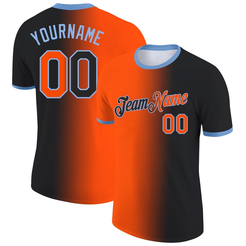 Custom Black Orange-Light Blue Gradient Fashion Performance T-Shirt