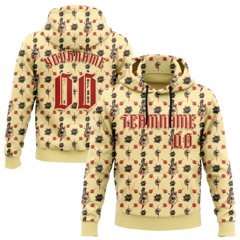 Custom Yellow Red 3D Skull Roses Gothic Sports Pullover Sweatshirt Hoodie