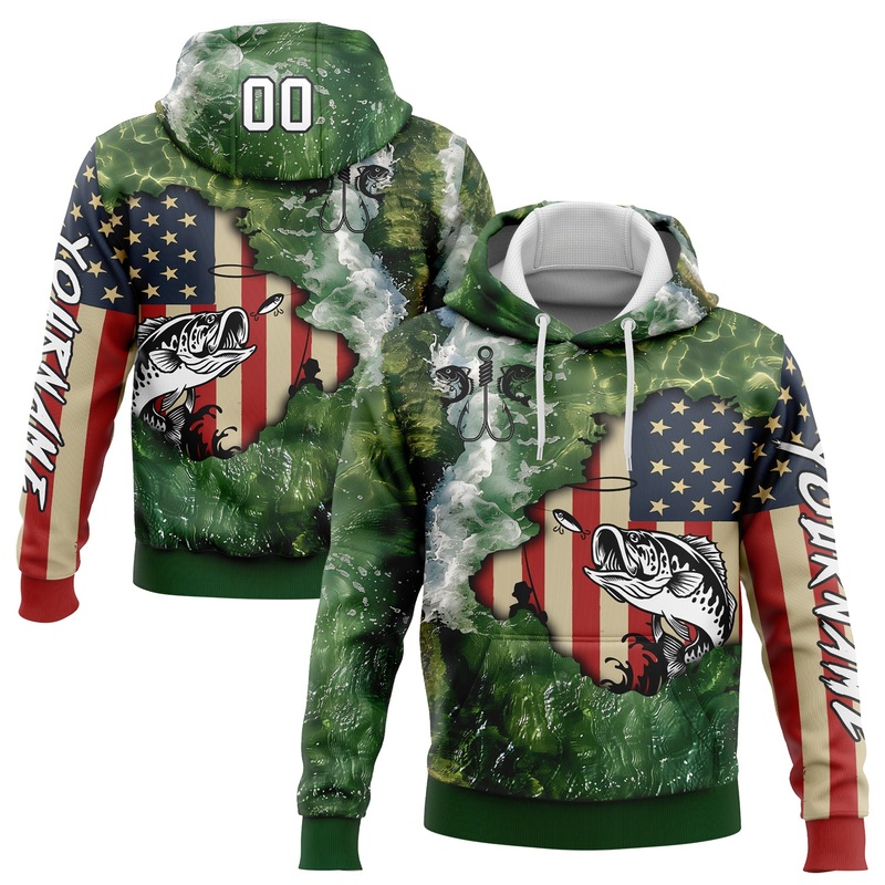 Custom Aurora Green White-Black 3D American Flag And Largemouth Bass Fish Fishing Sports Pullover Sweatshirt Hoodie