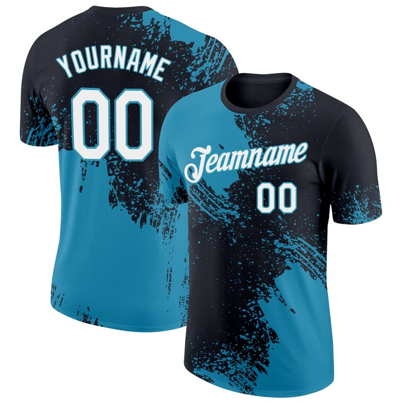 Custom Black White-Panther Blue 3D Pattern Design Abstract Brush Stroke Performance T-Shirt