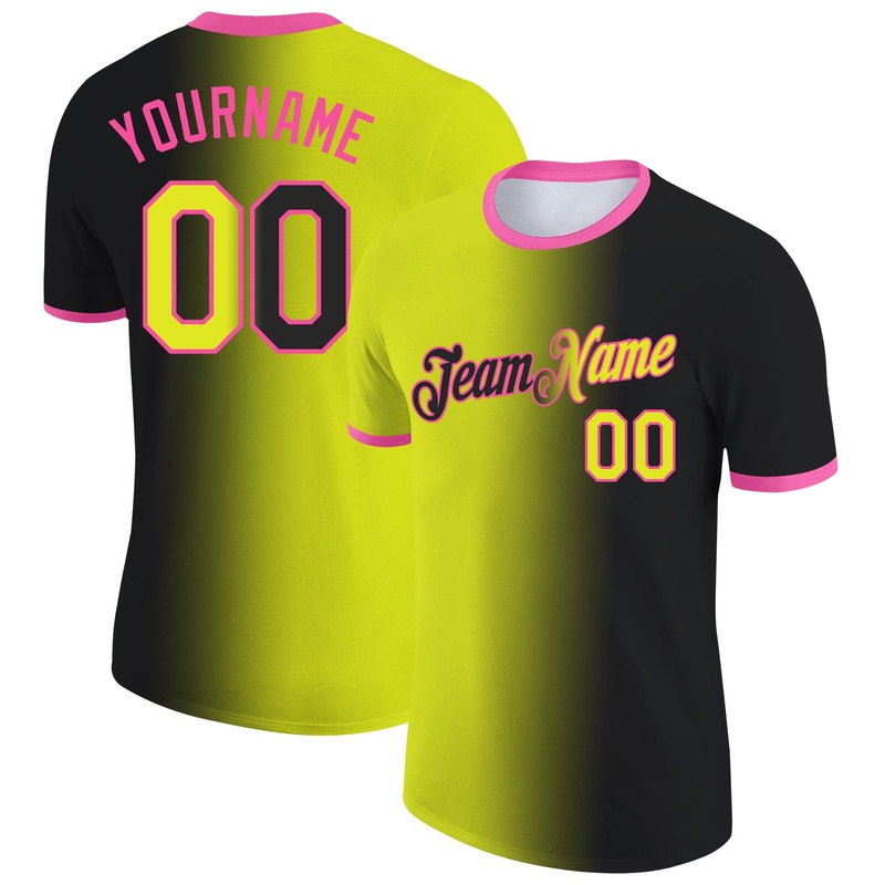 Custom Black Neon Yellow-Pink Gradient Fashion Performance T-Shirt