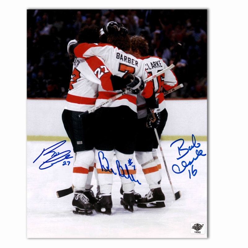 Bobby Clarke, Bill Barber, and Reggie Leach Autographed Philadelphia Flyers 8×10 Photo