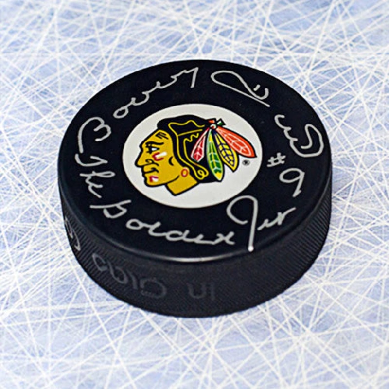 Bobby Hull Chicago Black Hawks Autographed Hockey Puck Inscribed with The Golden Jet