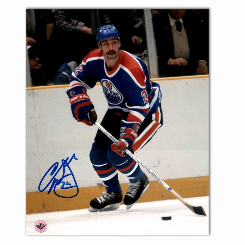 Charlie Huddy Autographed Edmonton Oilers Home 8×10 Photo (With Puck)