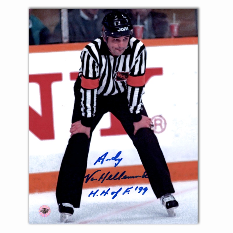 Andy Van Hellemond Autographed NHL Official Referee 8×10 Photo (Hands On Knees)