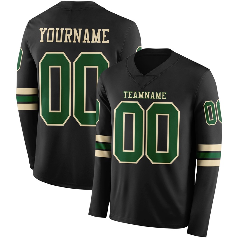 Custom Black Green-Cream Long Sleeve Authentic Football Jersey