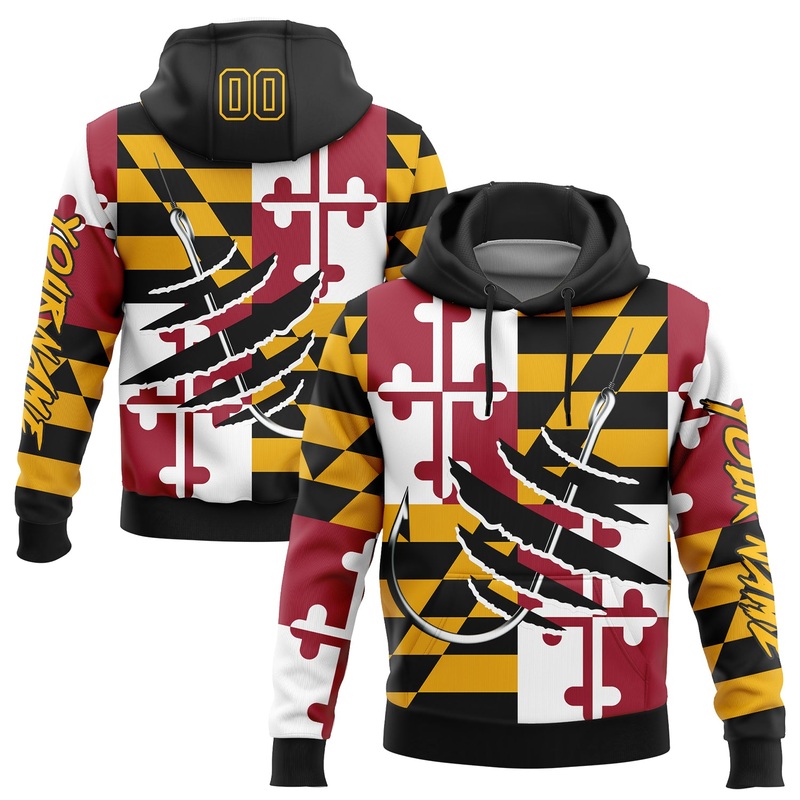 Custom Gold Black-Red 3D Maryland Flag And Fish Hook Fishing Sports Pullover Sweatshirt Hoodie