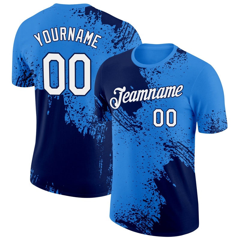 Custom Powder Blue White-Navy 3D Pattern Design Abstract Brush Stroke Performance T-Shirt