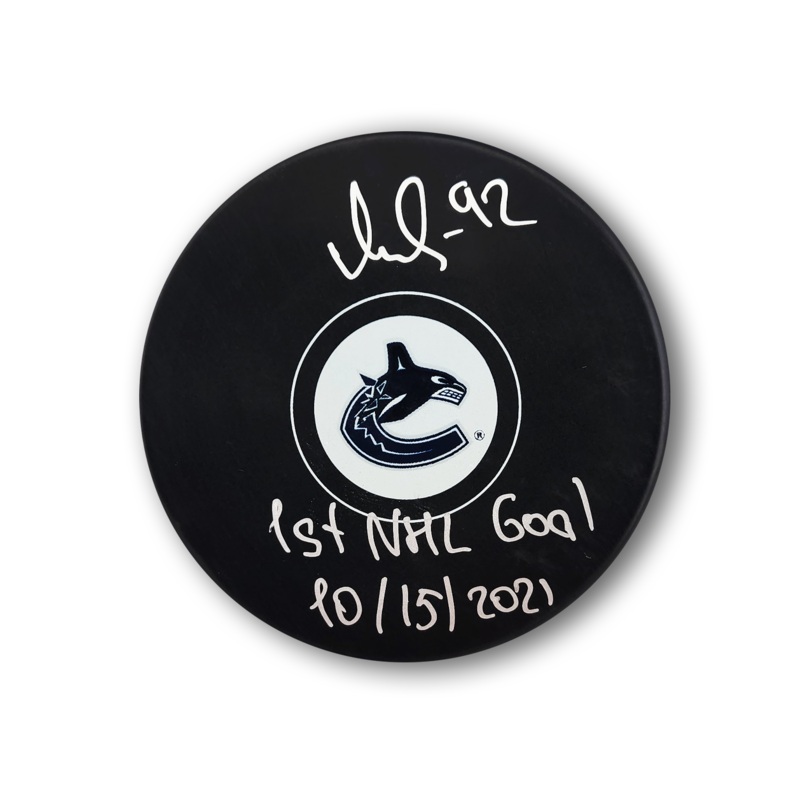 Vasily Podkolzin Autographed Vancouver Canucks Hockey Puck Inscribed 1st Goal