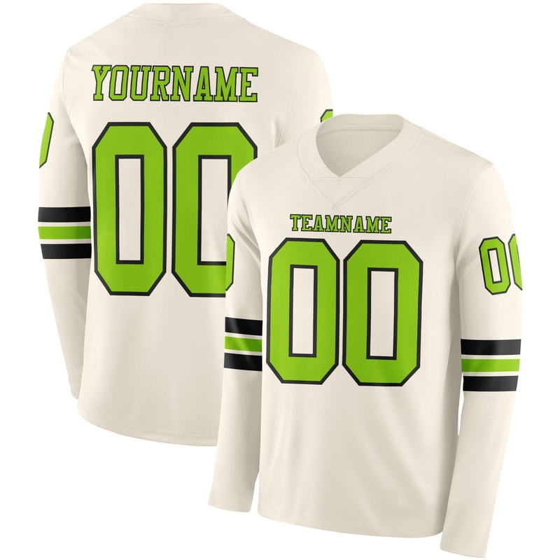 Custom Cream Neon Green-Black Long Sleeve Authentic Football Jersey