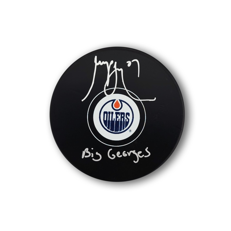 Georges Laraque Autographed Edmonton Oilers Hockey Puck Inscribed Big Georges