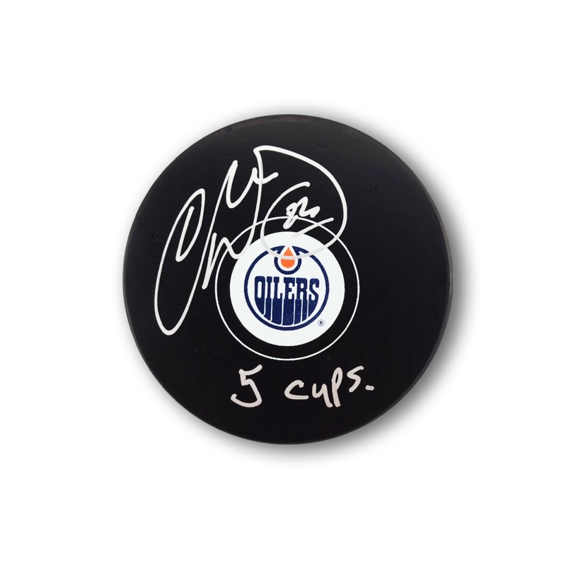Charlie Huddy Autographed Edmonton Oilers Hockey Puck Inscribed 5x Cups