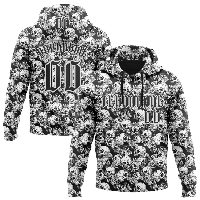 Custom Black White 3D Skull Roses Gothic Sports Pullover Sweatshirt Hoodie