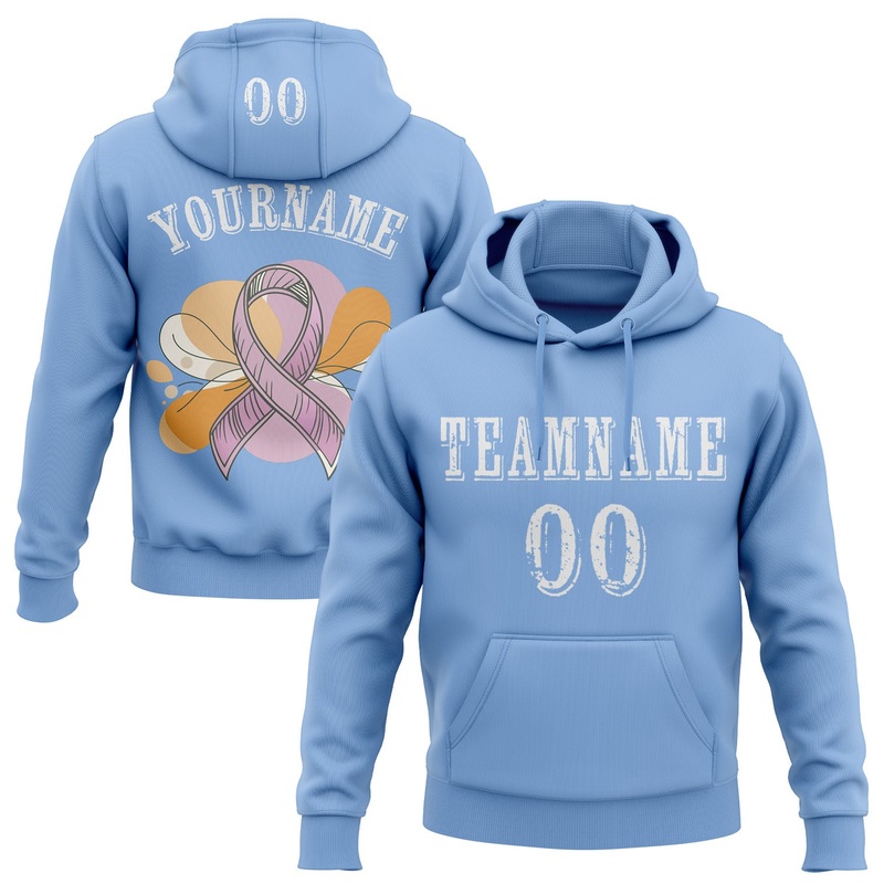 Custom Light Blue White 3D Pink Ribbon Breast Cancer Awareness Women Health Care Support Sports Pullover Sweatshirt Hoodie