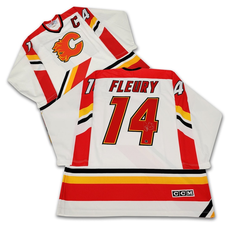 Theo Fleury Calgary Flames Autographed White Pedestal Jersey