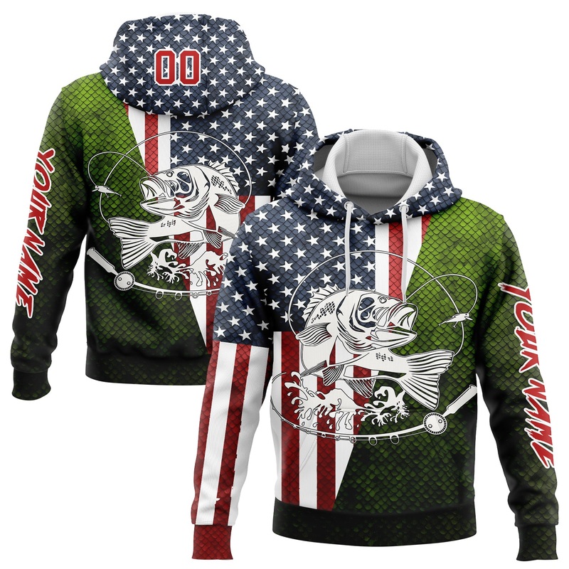 Custom Navy Red-Aurora Green 3D American Flag And Smallmouth Bass Fish Fishing Sports Pullover Sweatshirt Hoodie