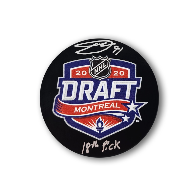 Dawson Mercer Autographed 2020 NHL Draft Hockey Puck Inscribed 18th Pick