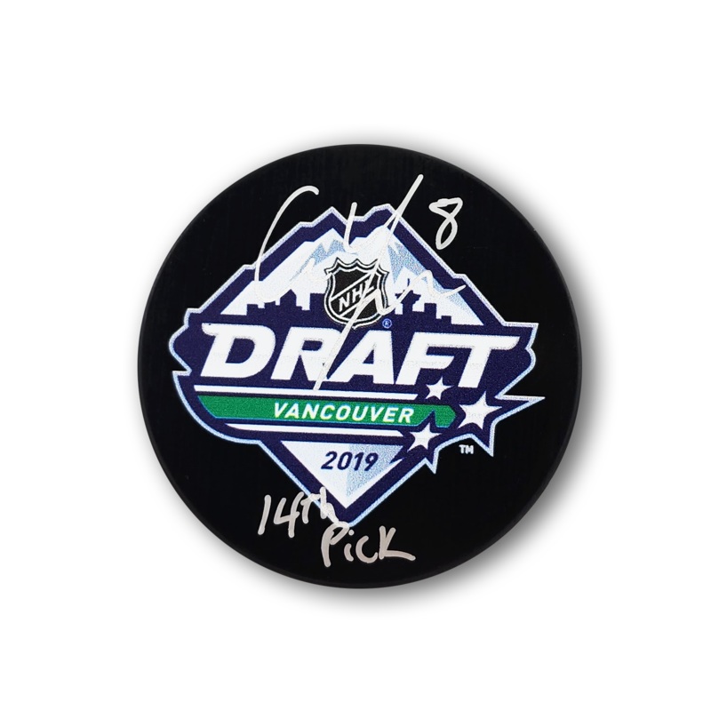 Cam York Autographed 2019 NHL Draft Hockey Puck Inscribed 14th Pick