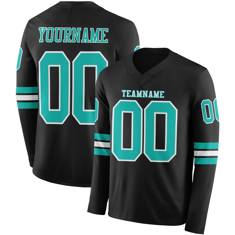 Custom Black Aqua-White Long Sleeve Authentic Football Jersey