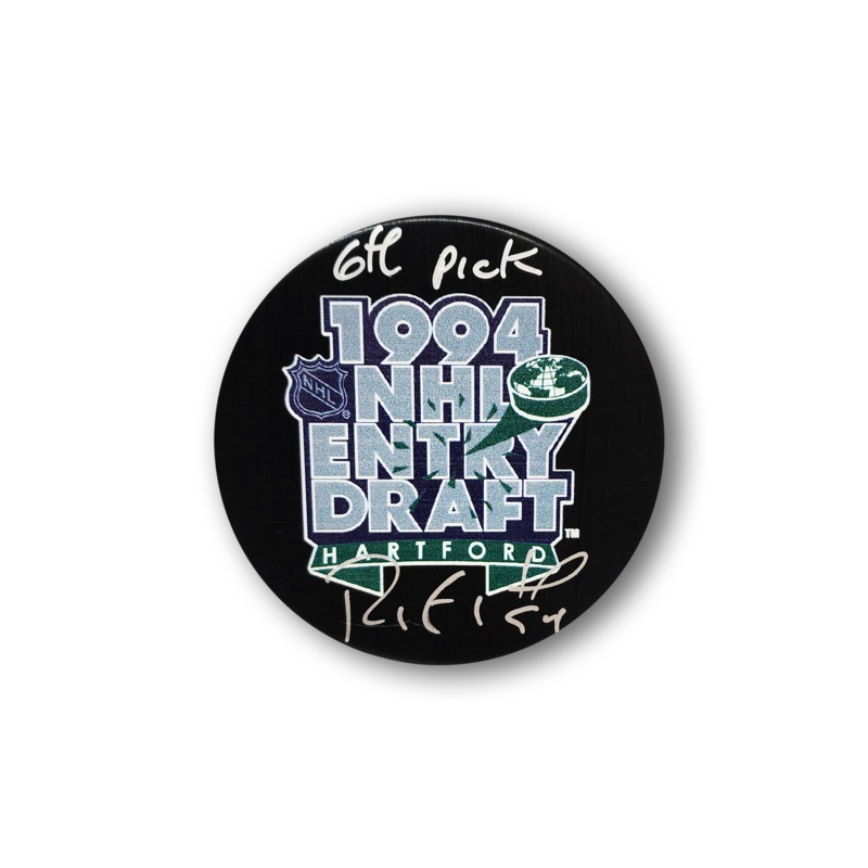 Ryan Smyth Autographed 1994 NHL Draft Hockey Puck Inscribed 6th Pick