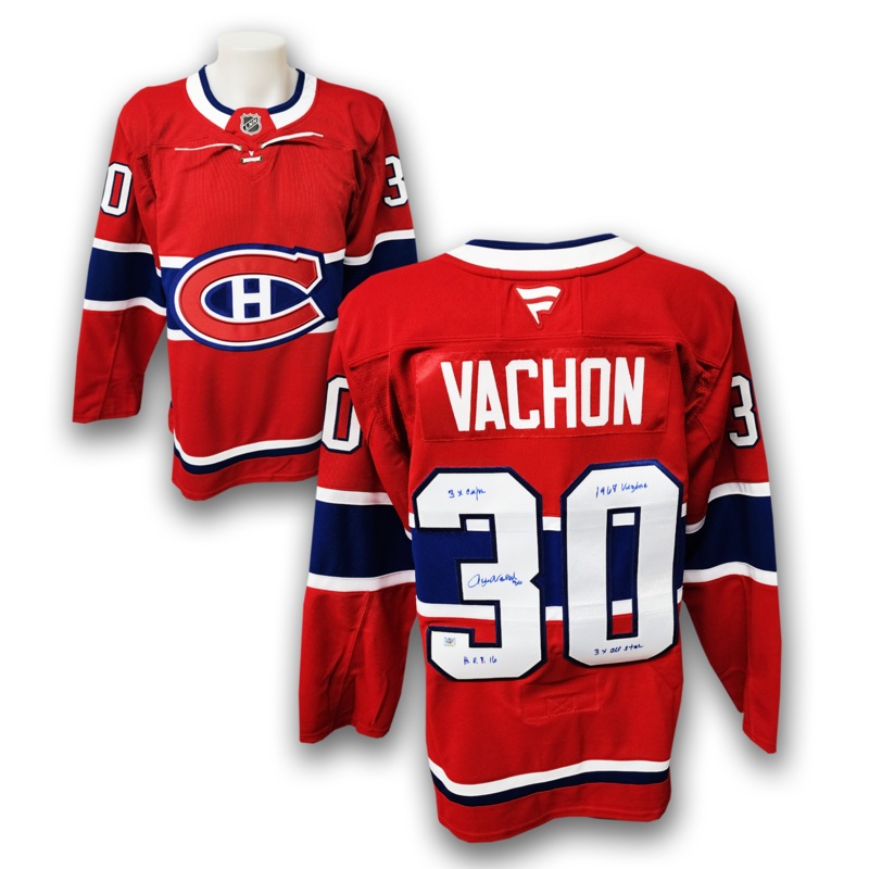 Rogie Vachon Autographed Montreal Canadiens Fanatics Premium Jersey Career Inscriptions