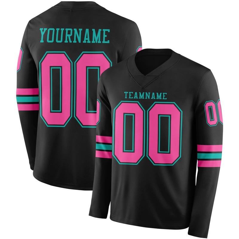 Custom Black Pink-Aqua Long Sleeve Authentic Football Jersey