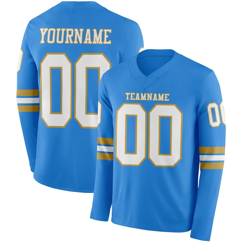 Custom Powder Blue White-Old Gold Long Sleeve Authentic Football Jersey