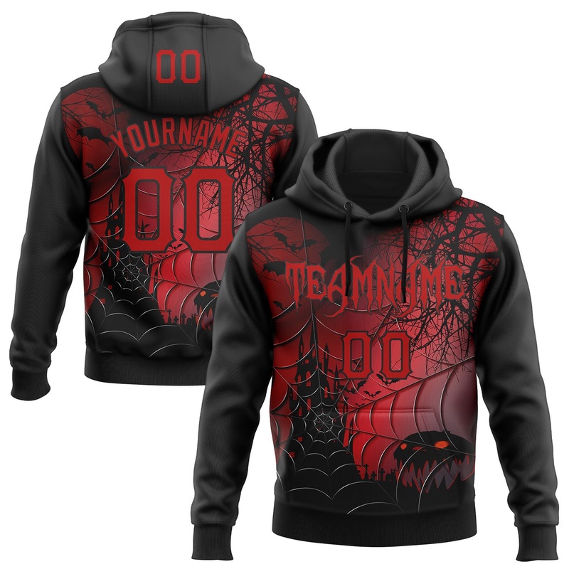 Custom Black Red 3D Halloween Spider Net Spooky Party Costume Ideas Sports Pullover Sweatshirt Hoodie