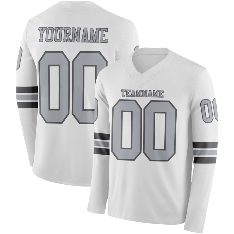 Custom White Gray-Steel Gray Long Sleeve Authentic Football Jersey