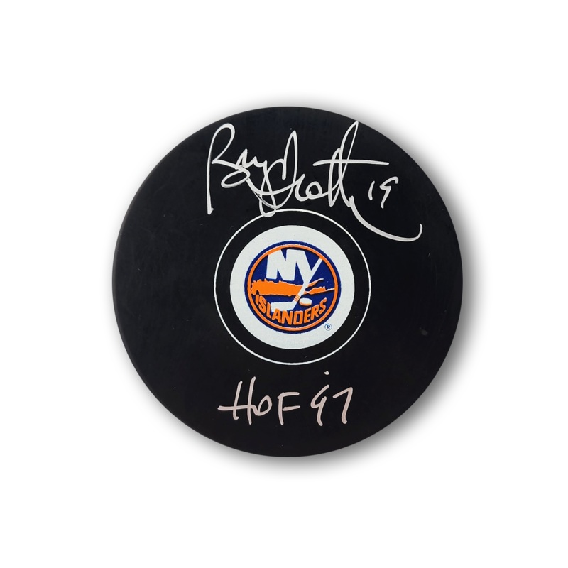 Bryan Trottier Autographed New York Islanders Hockey Puck Inscribed HOF