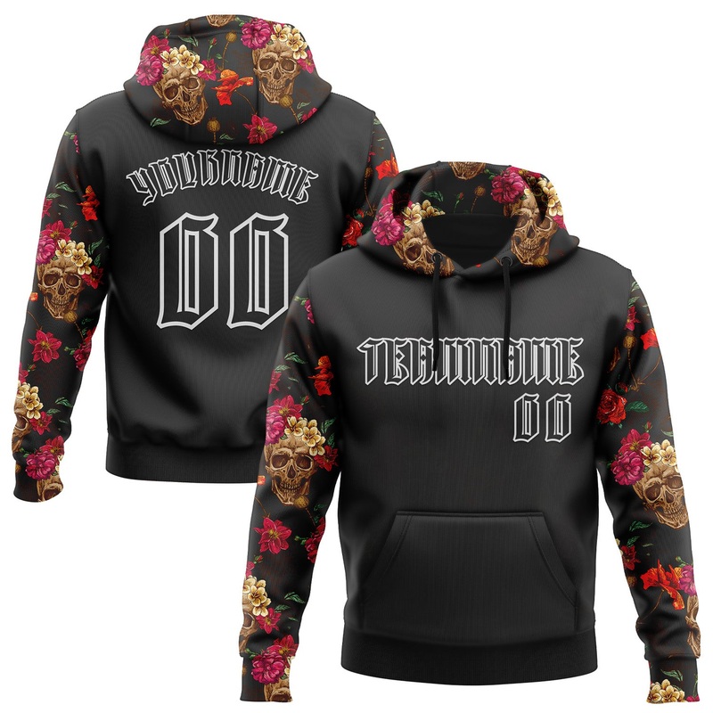 Custom Black White 3D Skull Roses Gothic Floral Vintage Sports Pullover Sweatshirt Hoodie