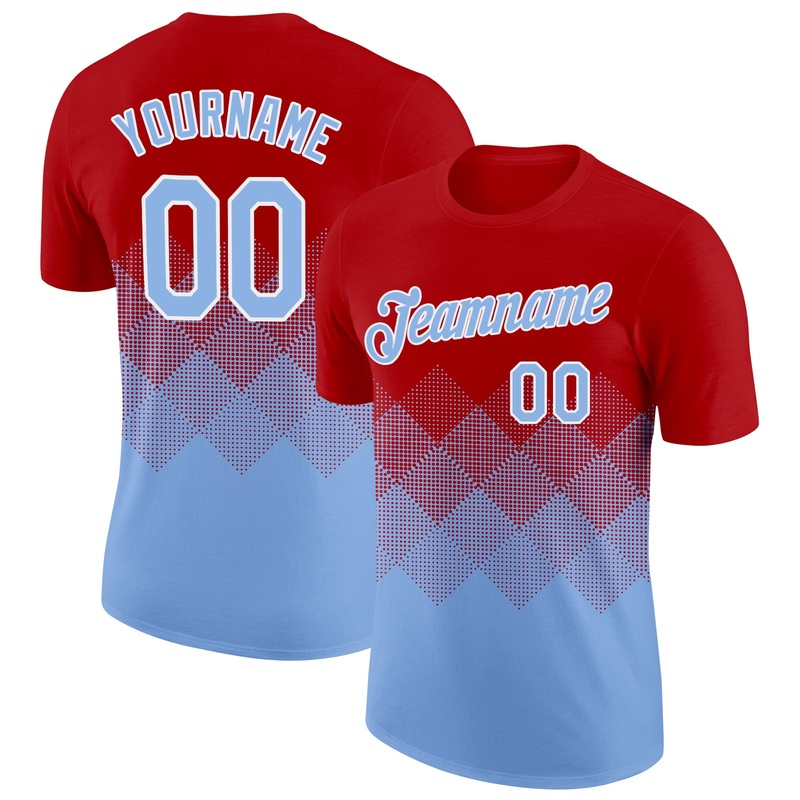 Custom Red Light Blue-White 3D Pattern Design Gradient Square Shapes Performance T-Shirt