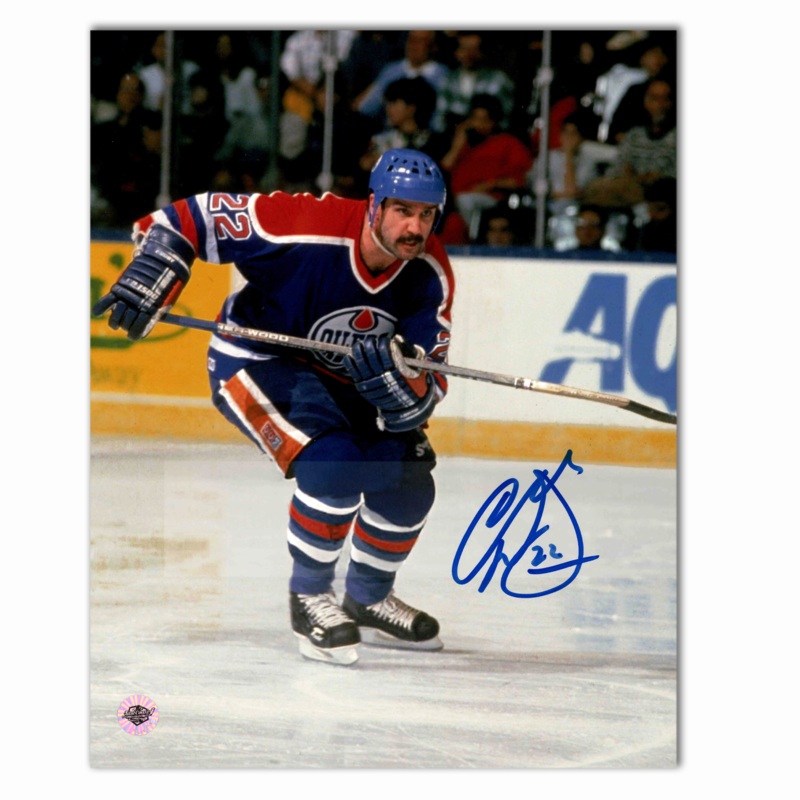 Charlie Huddy Autographed Edmonton Oilers Home 8×10 Photo (Low To Ice)