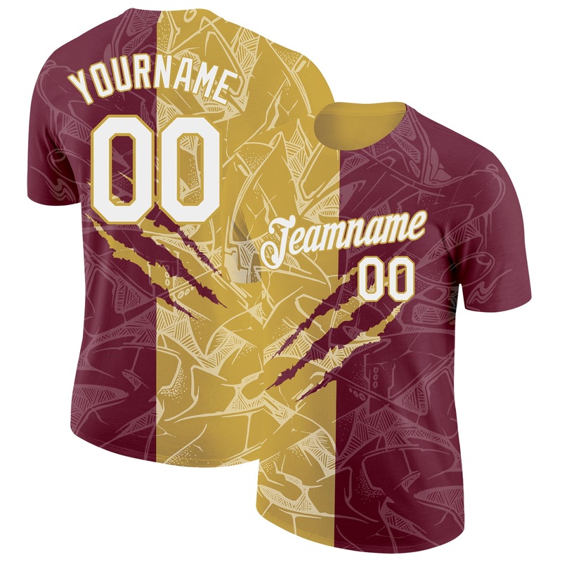 Custom Graffiti Pattern White Burgundy-Old Gold Scratch 3D Performance T-Shirt